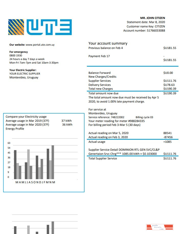 Uruguay UTE Company electricity utility bill template in Word and PDF format